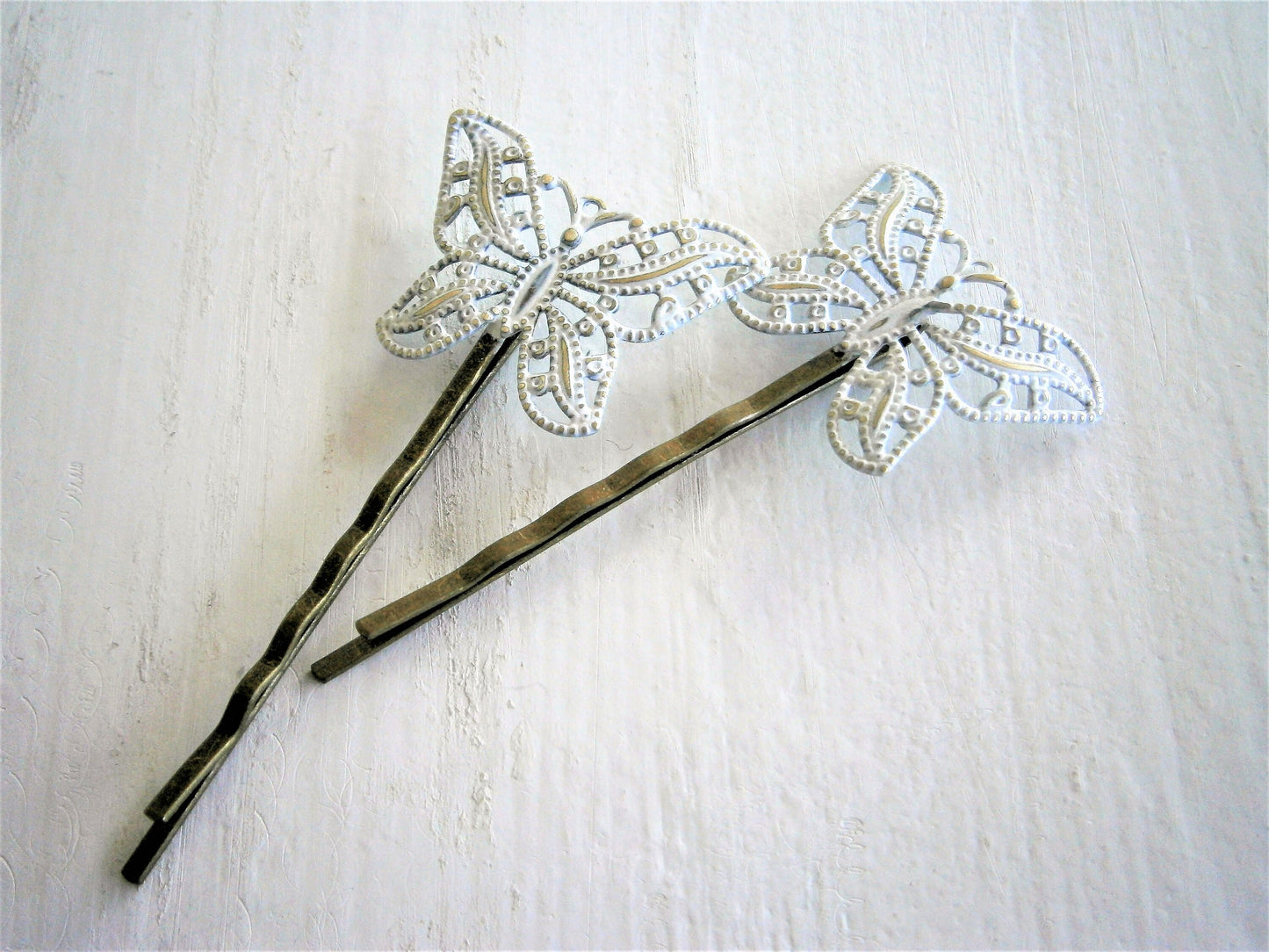 White Patina Filigree Butterfly Antique Bronze Bobby Pins Set of 2/Bohemian Hair Clips/Shabby Chic Hair Clips/Rustic Wedding