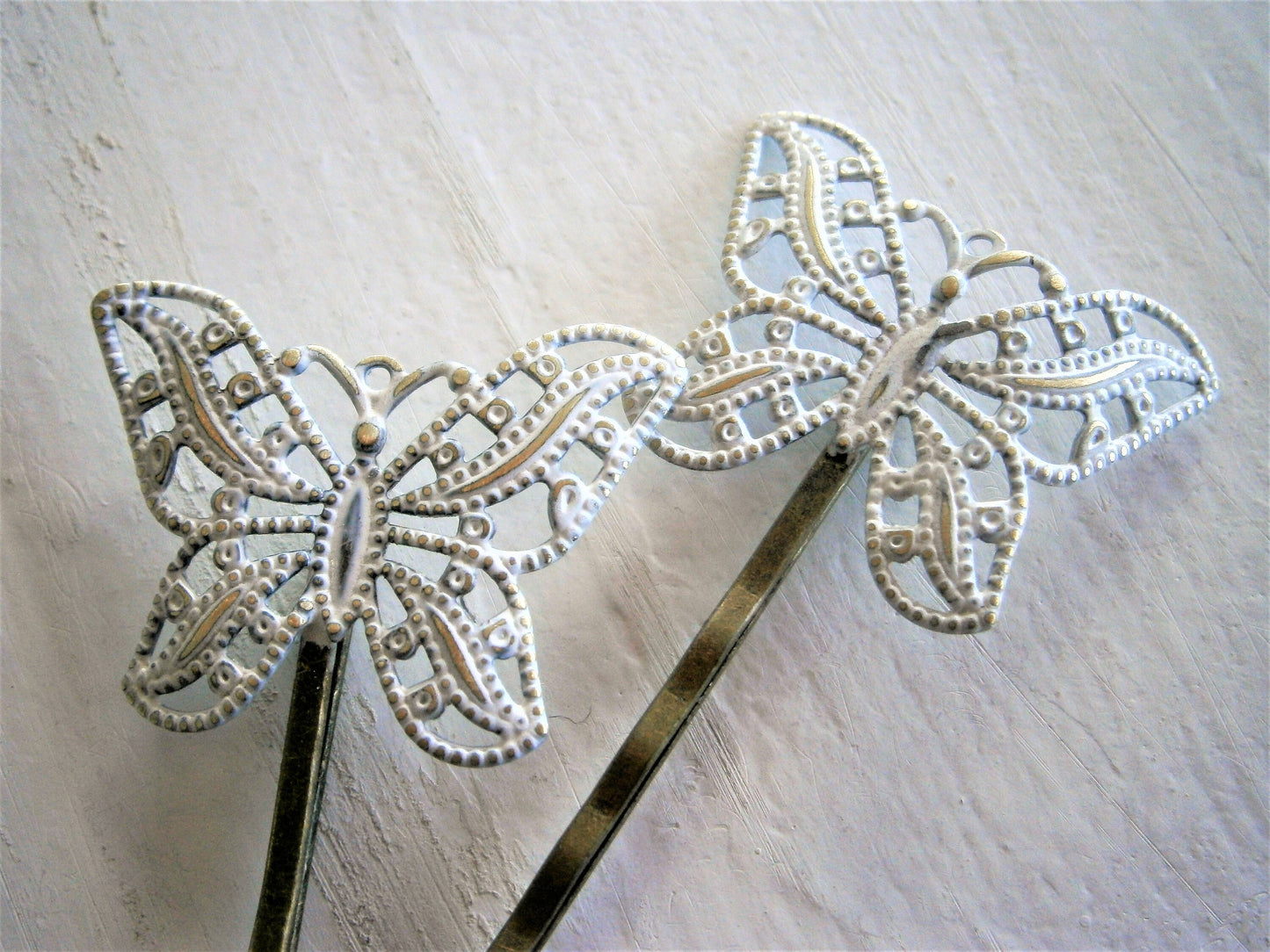 White Patina Filigree Butterfly Antique Bronze Bobby Pins Set of 2/Bohemian Hair Clips/Shabby Chic Hair Clips/Rustic Wedding