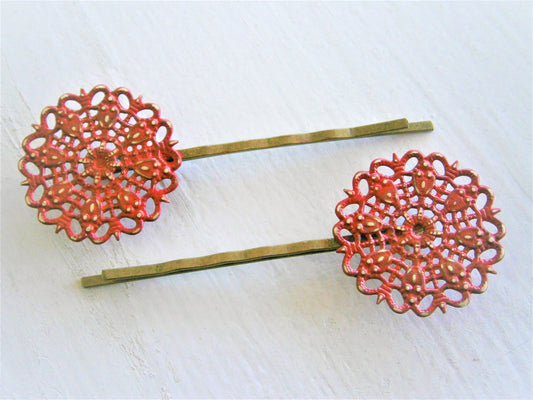 Red Filigree Patina Antique Bronze Bobby Pins Set of Two/Hair Clips/Bohemian Hair Clips/Shabby Chic Hair Clips/Bobby Pins/Boho Bobby Pins