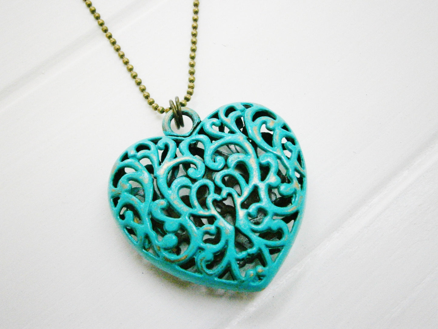 Verdigris/Turquoise Patina Filigree Large Heart on Antique Bronze Ball Chain/Boho Necklace/Long Necklace/Patina Necklace/Heart Necklace.