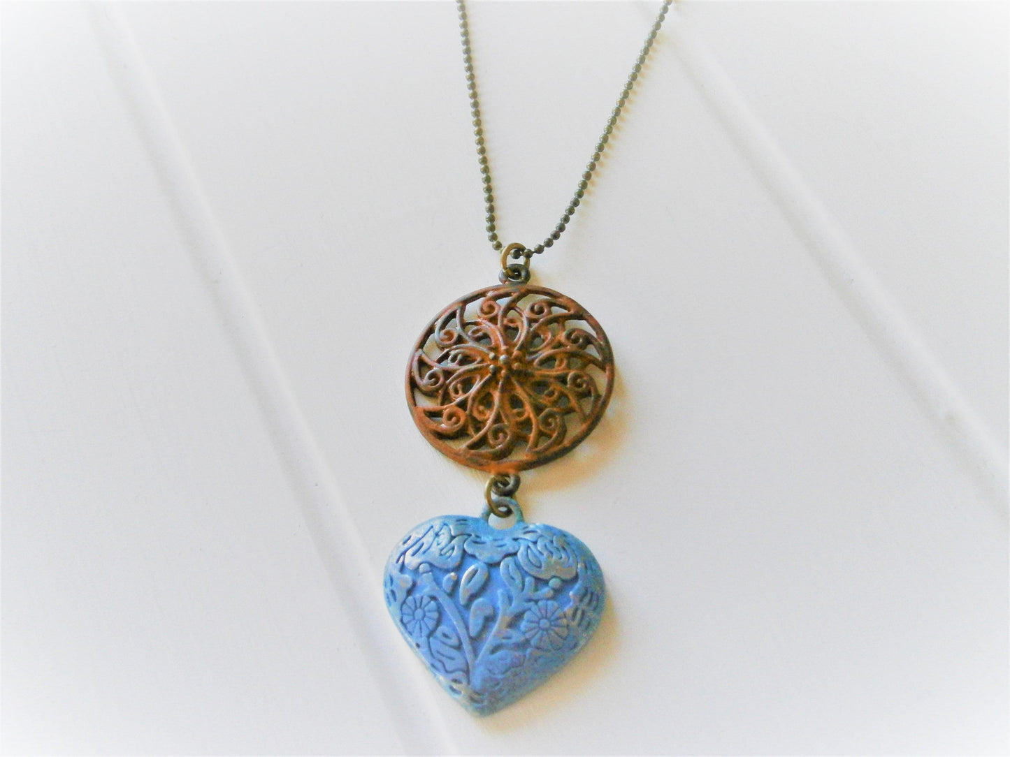 Red Patina Round Filigree and Blue Embossed Patina Heart on Antique Bronze Ball Chain/Boho Necklace/Long Necklace/Patina Necklace/Necklace