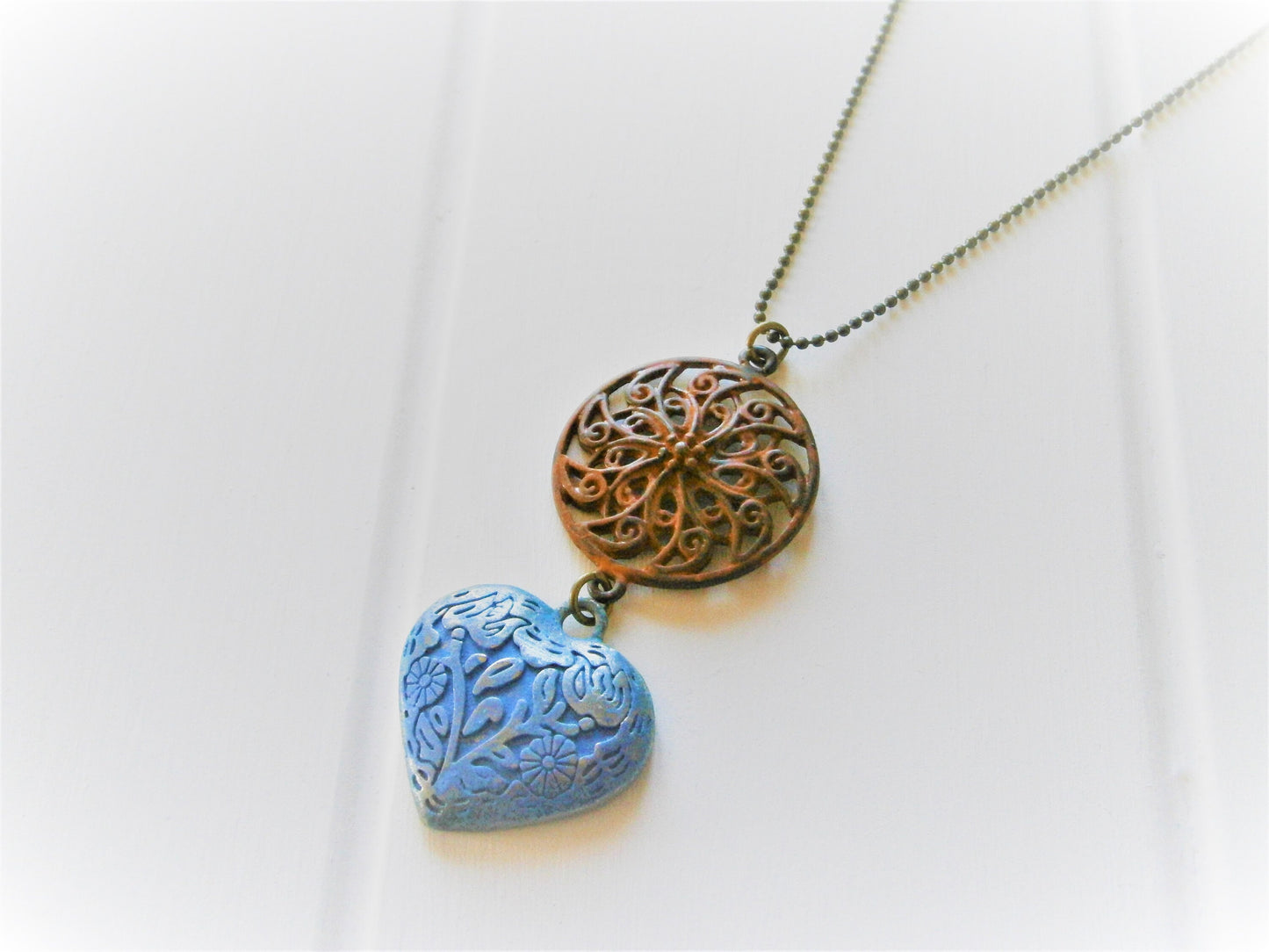 Red Patina Round Filigree and Blue Embossed Patina Heart on Antique Bronze Ball Chain/Boho Necklace/Long Necklace/Patina Necklace/Necklace