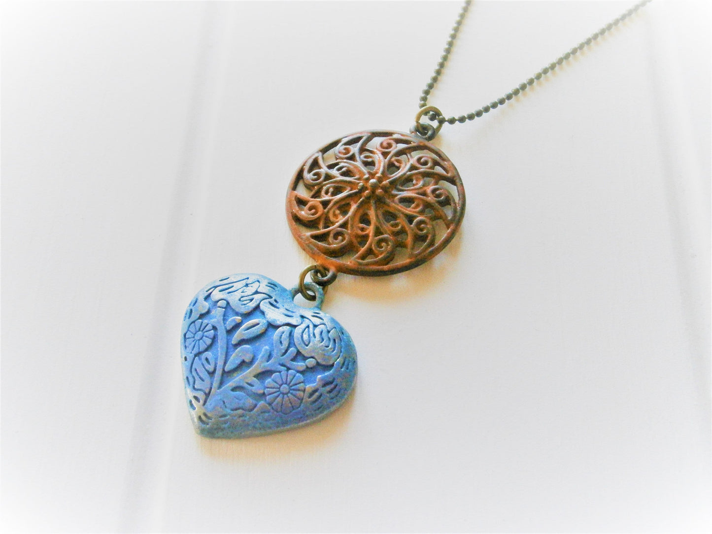 Red Patina Round Filigree and Blue Embossed Patina Heart on Antique Bronze Ball Chain/Boho Necklace/Long Necklace/Patina Necklace/Necklace