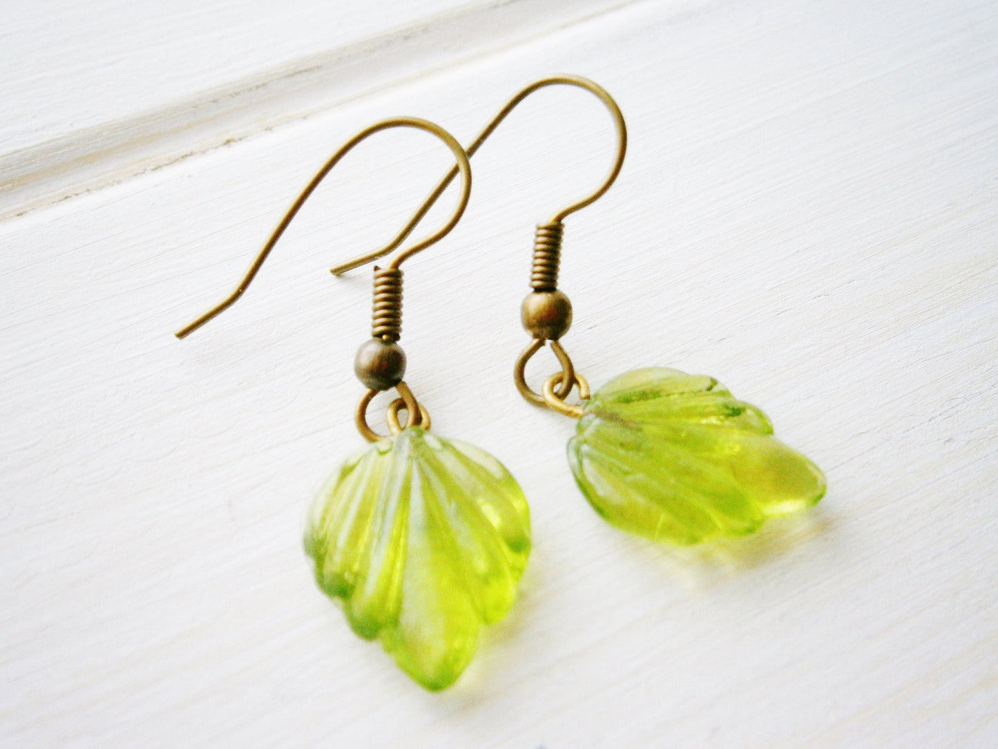 Green Glass Leaf Charm On Antique Bronze Earring Hooks/Dangle Earrings/Boho Jewelry/Woodland Jewellry/Nature Earrings/Leaf Earrings.