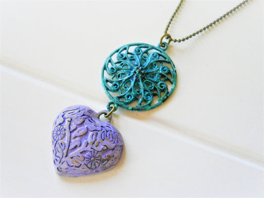 Verdigris/Turquoise Patina Round Filigree & Amethyst Embossed Patina Heart on Antique Bronze Ball Chain/Long Necklace/Patina Necklace