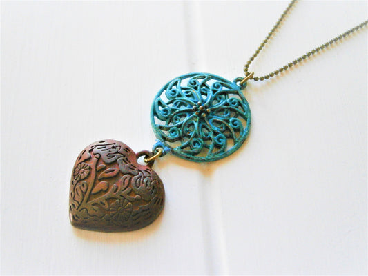 Blue Patina Round Filigree and Red Embossed Patina Heart on Antique Bronze Ball Chain/Boho Necklace/Long Necklace/Patina Necklace/Necklace