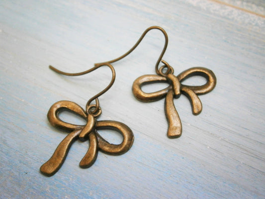 Antique Bronze Bow Charm On Antique Bronze Small French Earring Hooks/Dangle Earrings/Ribbon Earrings/Bow Earrings/Romantic Earrings