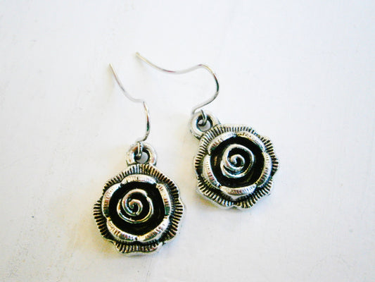 Antique Silver Rose Charm Pendant On Small Silver Plated Earring Hooks/Dangle Earrings/Rose Earrings.