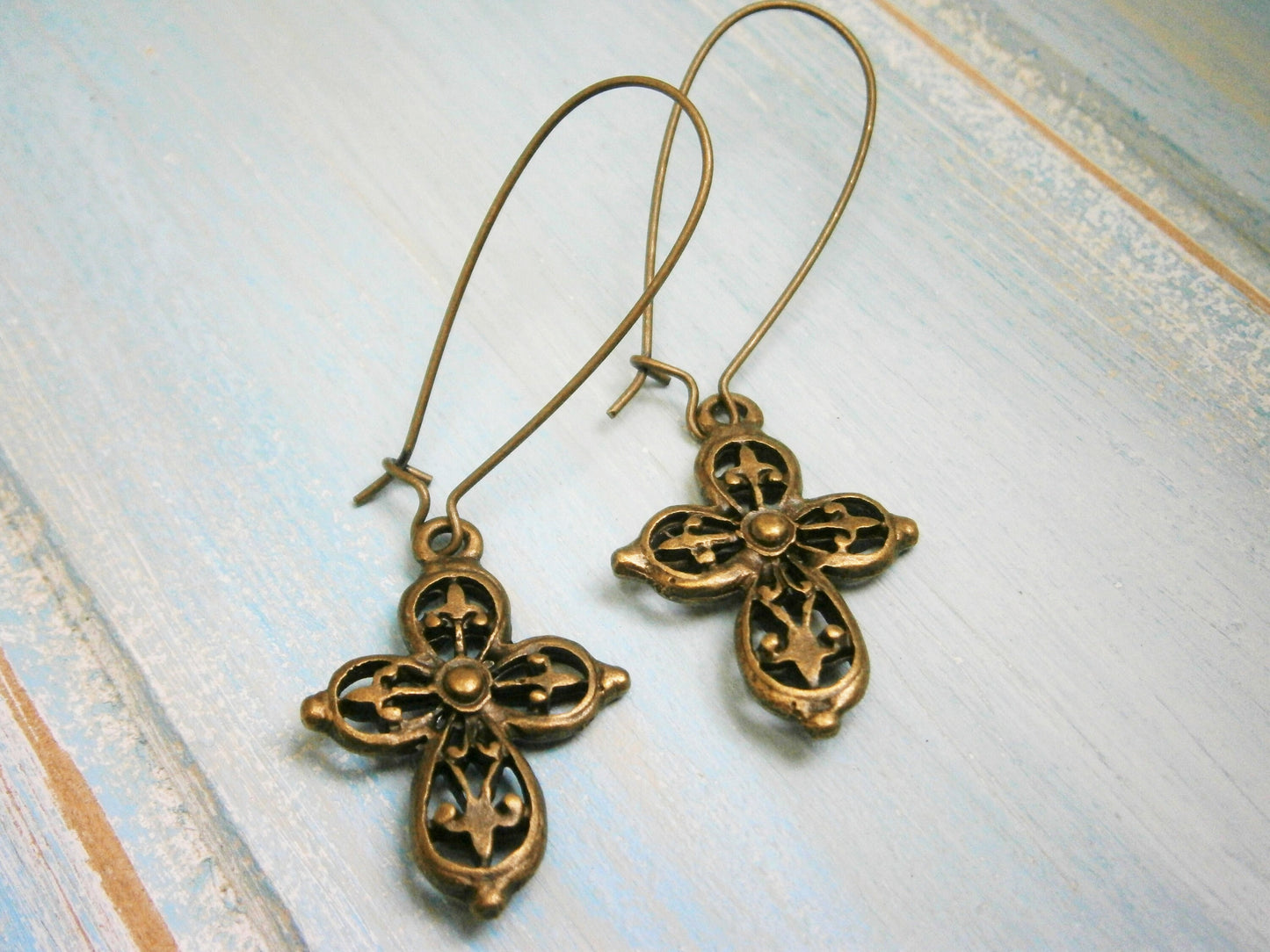 Filigree Cross Dangle Earrings/33mm Antique Bronze Kidney Wire Earring Hooks with Antique Bronze Filigree Cross/Dangle Earring/Boho Earrings