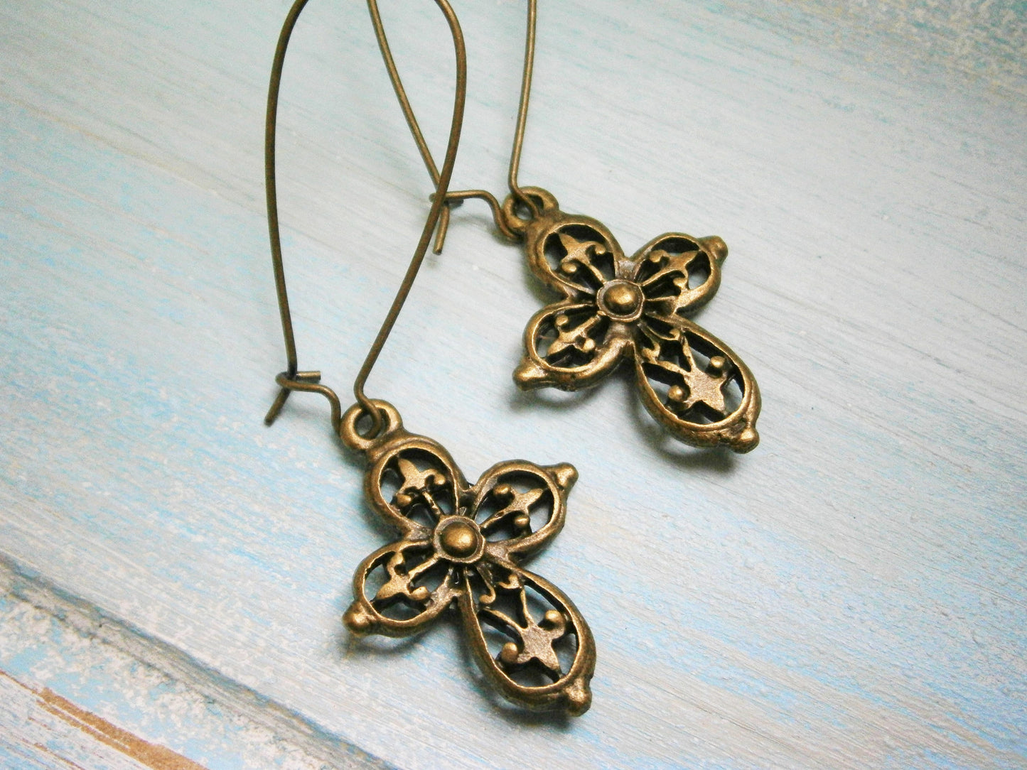 Filigree Cross Dangle Earrings/33mm Antique Bronze Kidney Wire Earring Hooks with Antique Bronze Filigree Cross/Dangle Earring/Boho Earrings