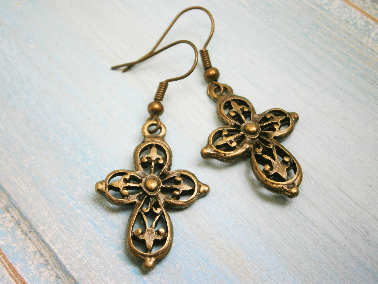 Antique Bronze Filigree Cross Charm Dangle Earrings/Boho Earrings/Cross Earrings/Dangle Earrings/Religious Earrings/Steampunk Jewelry