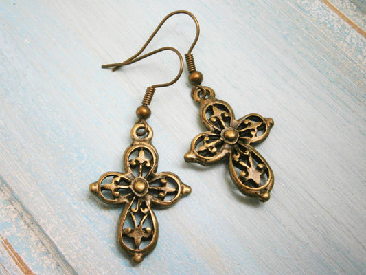 Antique Bronze Filigree Cross Charm Dangle Earrings/Boho Earrings/Cross Earrings/Dangle Earrings/Religious Earrings/Steampunk Jewelry