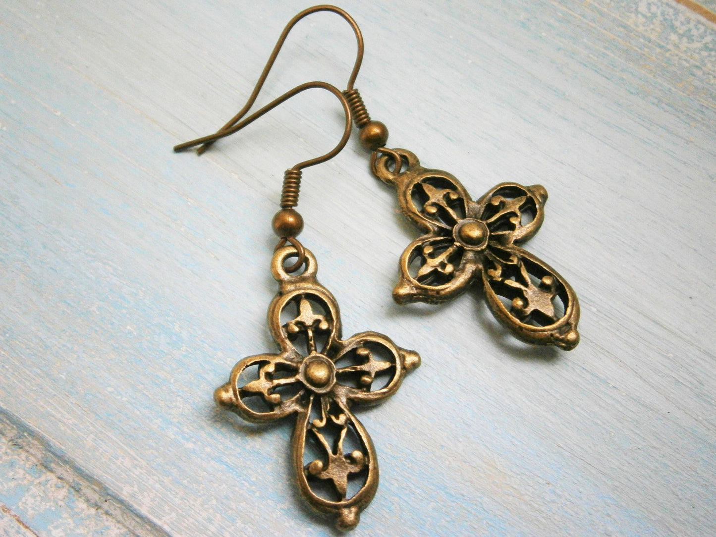 Antique Bronze Filigree Cross Charm Dangle Earrings/Boho Earrings/Cross Earrings/Dangle Earrings/Religious Earrings/Steampunk Jewelry