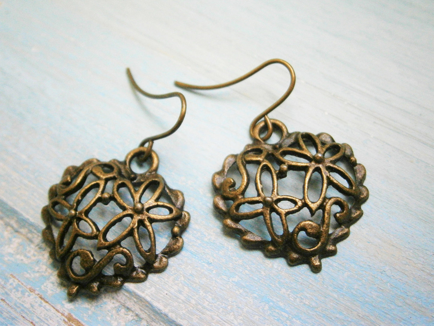 Filigree Heart Antique Bronze Charm On Antique Bronze French Earring Hooks/Dangle Earrings/Boho Earrings/Filigree Heart Earrings/