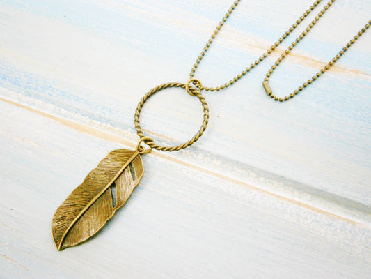 Antique Bronze Necklace with Large Twisted Circle Pendant and Feather Charm/Boho Necklace/Nature Necklace/Bohemian Jewelry/Long Necklace