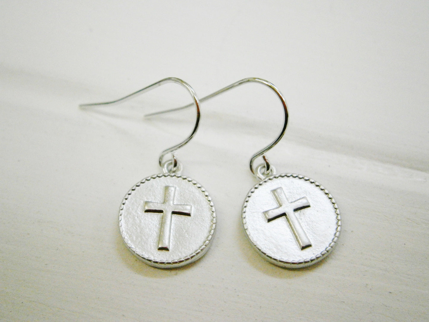 Matt Rhodium Plated Cross Disc Pendant On Rhodium Plated French Earring Hooks/Dangle Earrings/Cross Earrings/Silver Earrings/Disc Earrings