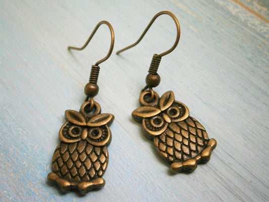 Antique Bronze Owl on Antique Bronze Earring Hooks/Dangle Earrings/Boho Jewelry/Owl Earrings/Bird Earrings/Bohemian Jewelry/Boho Earrings