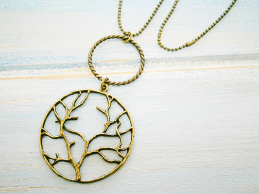 Antique Bronze Necklace with Large Twisted Circle Pendant and Large Tree of Life Round Charm/Boho Necklace/Nature Necklace/Bohemian Jewelry