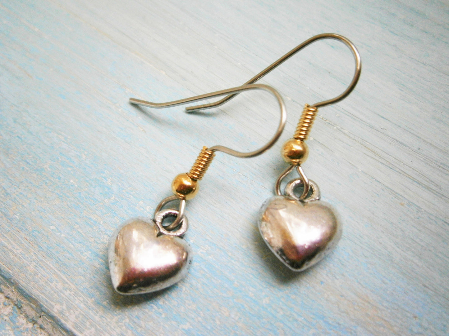 Antique Silver Solid 3D Heart Charm On Stainless Steel French Earring Hooks/Heart Earrings/Romance Earrings/Steampunk Jewerly/Boho Earrings