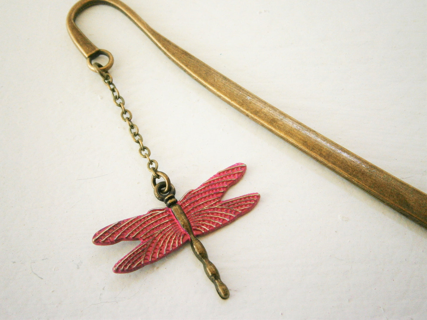 Bookmark with a Antique Bronze Dragonfly with Hot Pink Patina Wings/Book Lover Bookmark/Bookmark/Bookmarks for Books/Book Lover Bookmark