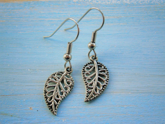 Antique Silver Mini Filigree Leaf Charm on Stainless Steel Earring Hooks/Dangle Earrings/Nature Earrings/Woodland Earrings/Hypo Allergenic