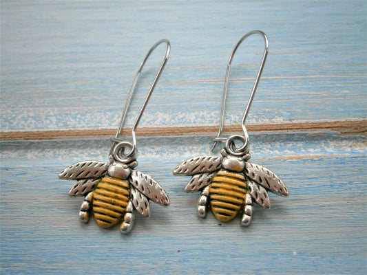 Antique Silver Bumble Bee with Yellow Patina Tummy on Stainless Steel Kidney Wire Earring Hooks/Dangle Earring/Boho Jewelry/Woodland Jewelry