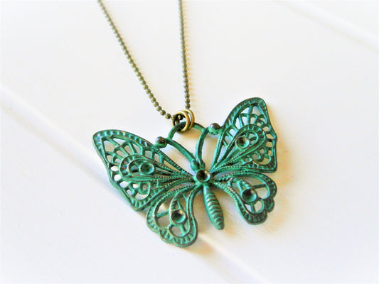 Verdigris/Turquoise Patina Filigree Butterfly on Antique Bronze Ball Chain/Boho Necklace/Long Necklace/Layering Necklace/Patina Necklace.