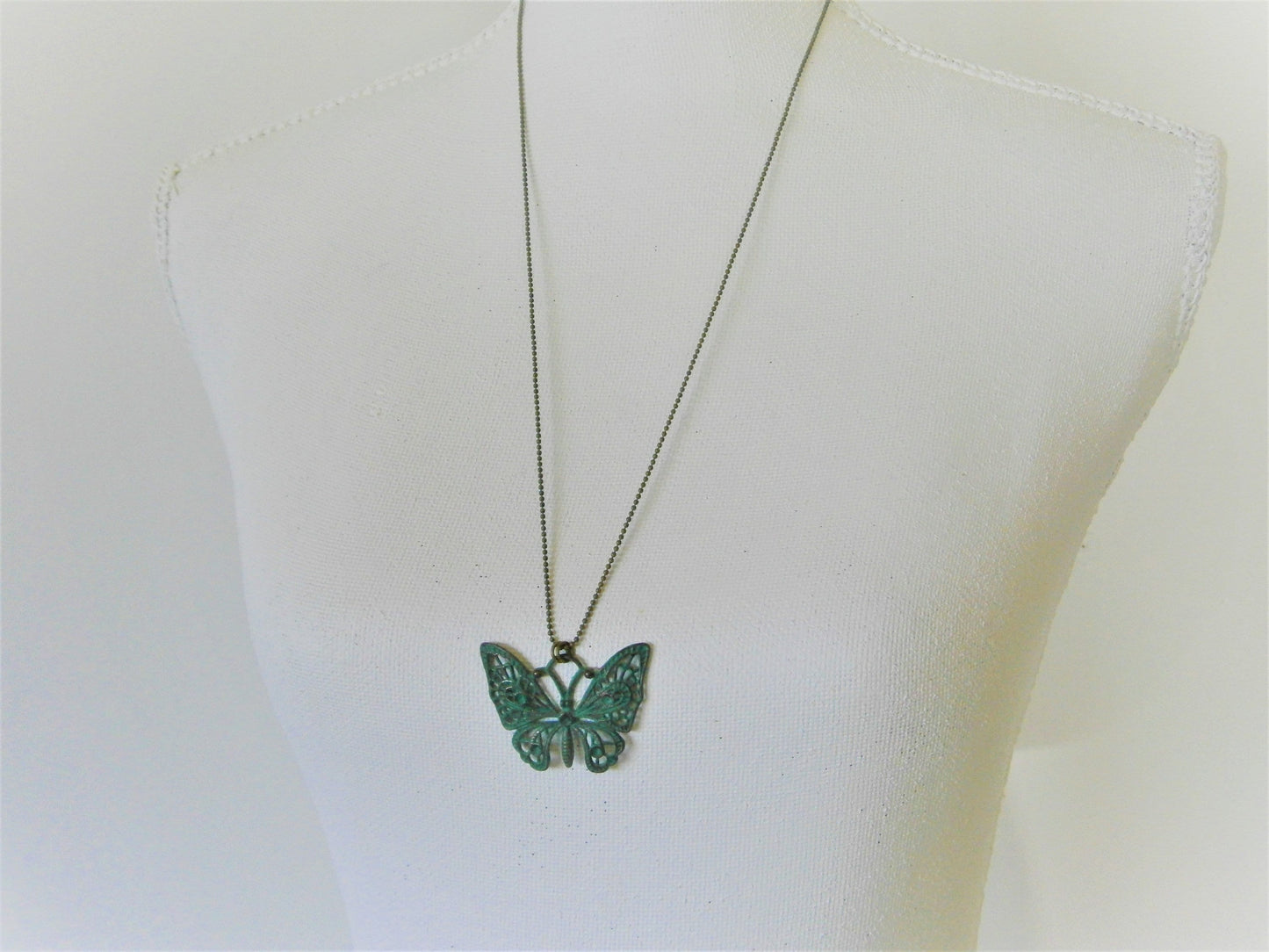 White Patina Filigree Butterfly on Antique Bronze Ball Chain/Boho Necklace/Long Necklace/Layering Necklace/Patina Necklace.