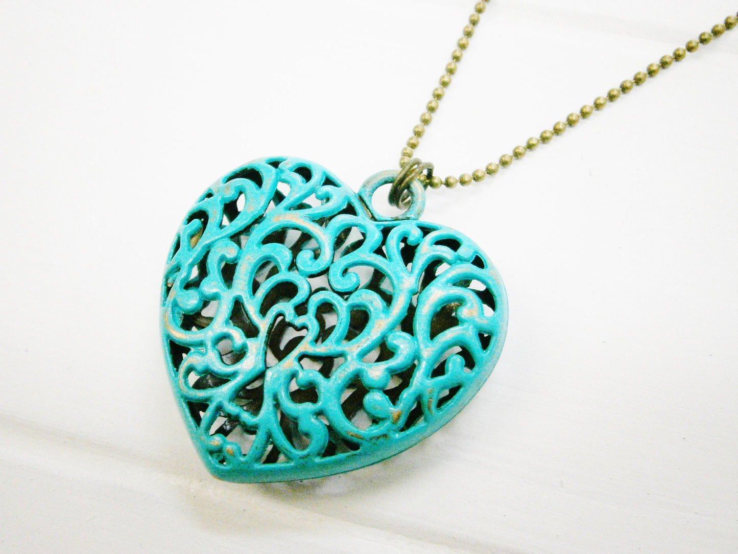 Verdigris/Turquoise Patina Filigree Large Heart on Antique Bronze Ball Chain/Boho Necklace/Long Necklace/Patina Necklace/Heart Necklace.