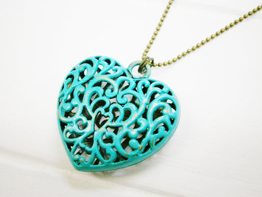 Verdigris/Turquoise Patina Filigree Large Heart on Antique Bronze Ball Chain/Boho Necklace/Long Necklace/Patina Necklace/Heart Necklace.