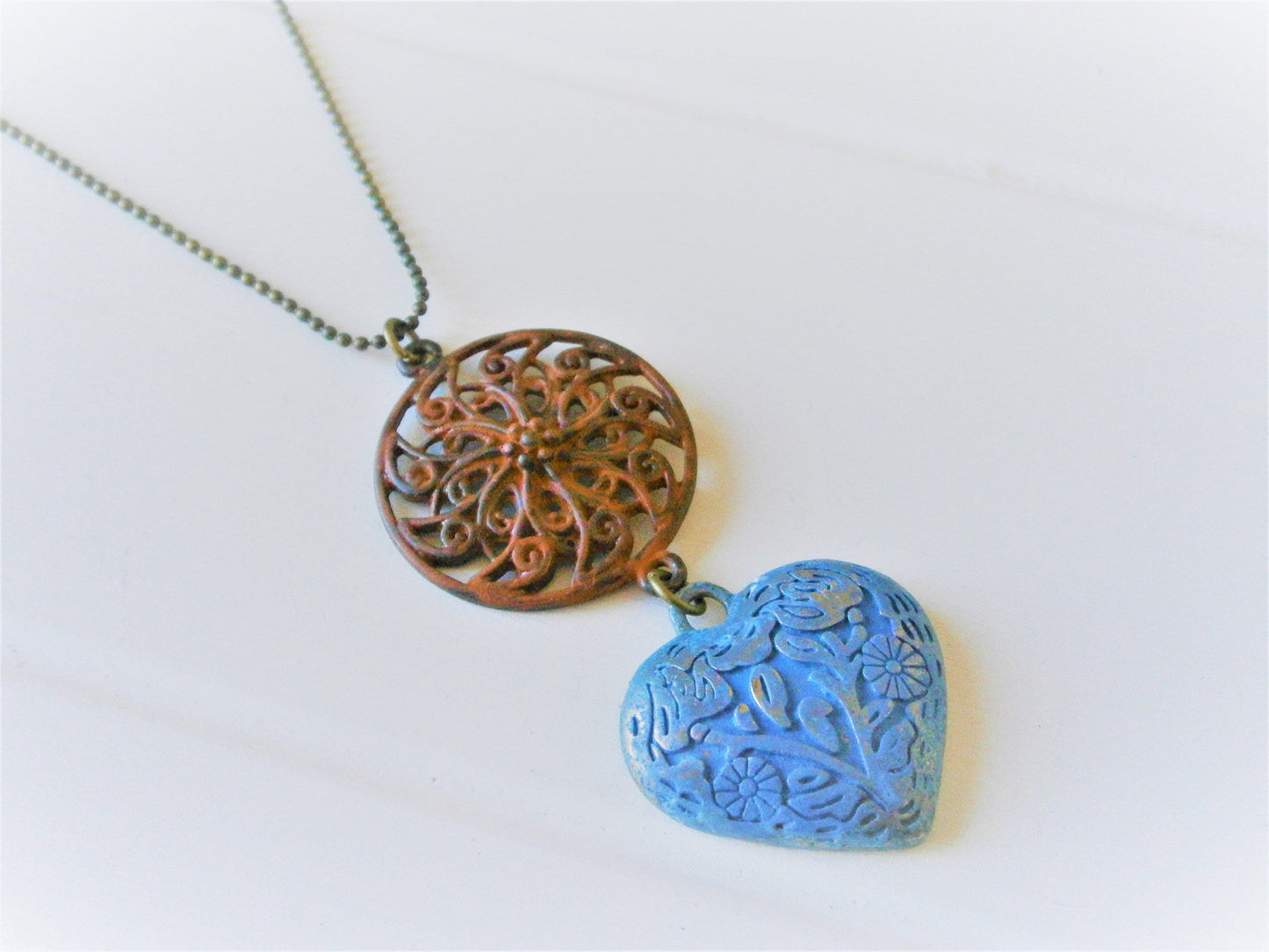 Red Patina Round Filigree and Blue Embossed Patina Heart on Antique Bronze Ball Chain/Boho Necklace/Long Necklace/Patina Necklace/Necklace