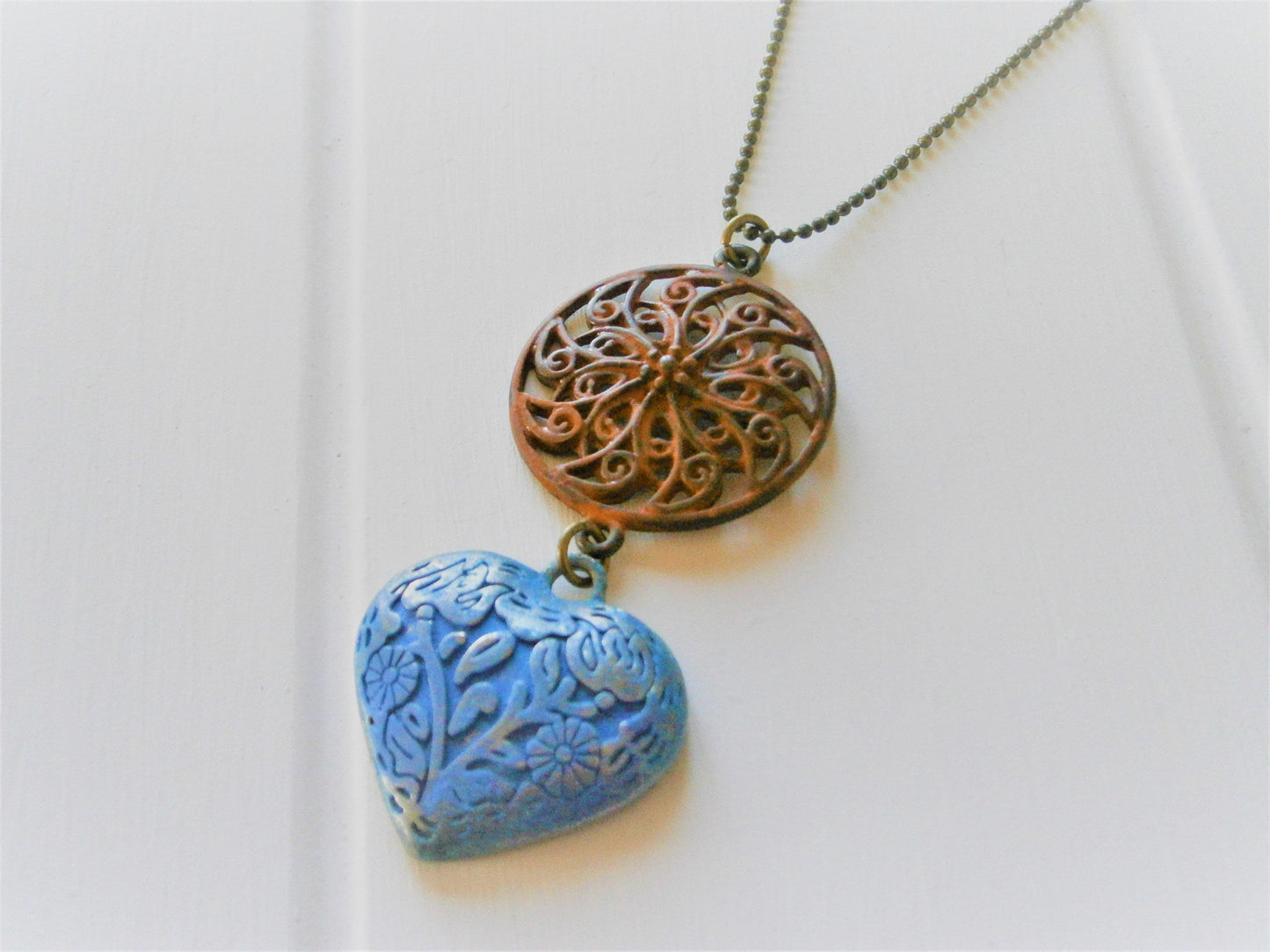 Red Patina Round Filigree and Blue Embossed Patina Heart on Antique Bronze Ball Chain/Boho Necklace/Long Necklace/Patina Necklace/Necklace