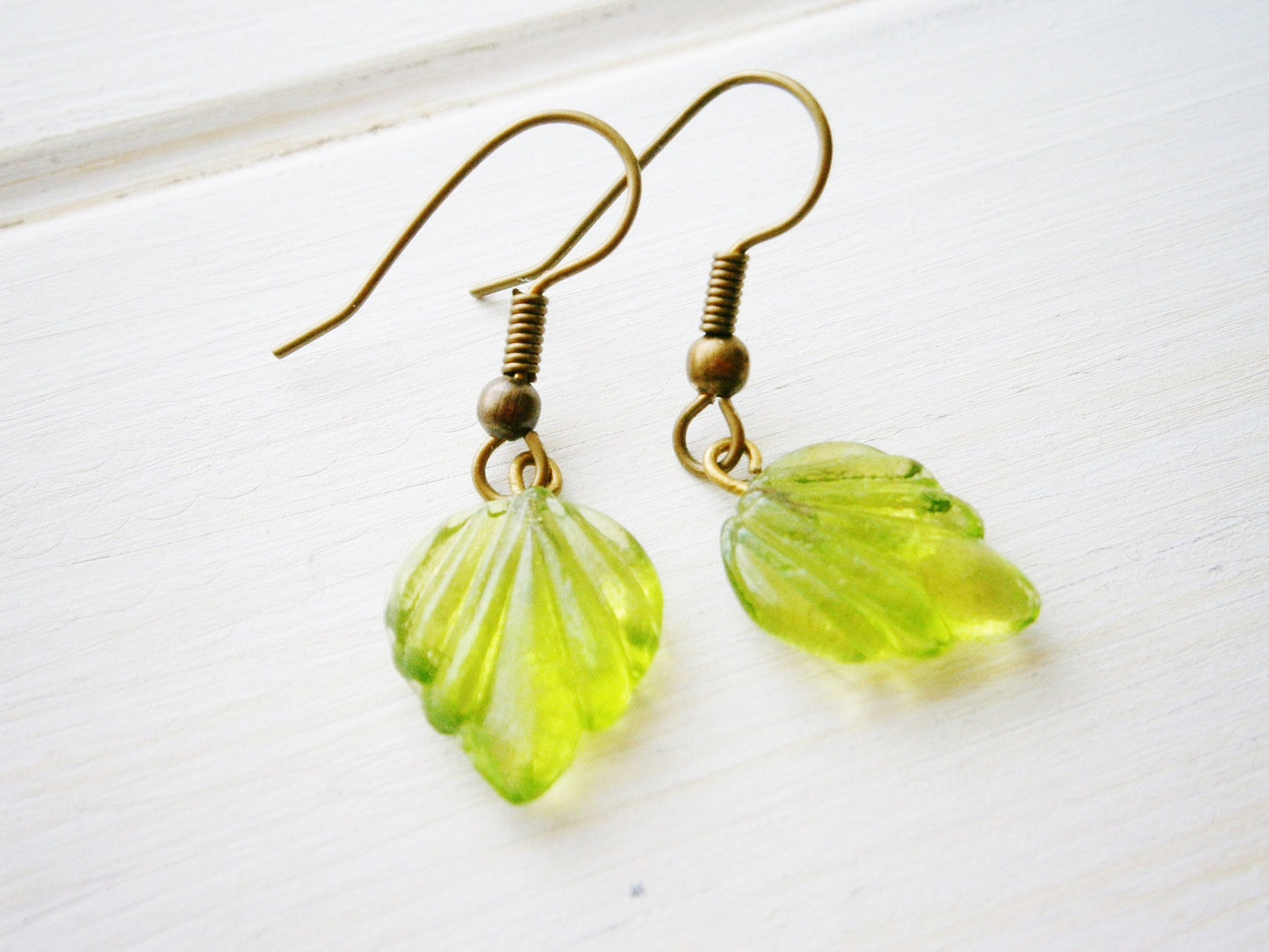 Green Glass Leaf Charm On Antique Bronze Earring Hooks/Dangle Earrings/Boho Jewelry/Woodland Jewellry/Nature Earrings/Leaf Earrings.