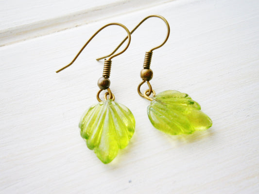 Green Glass Leaf Charm On Antique Bronze Earring Hooks/Dangle Earrings/Boho Jewelry/Woodland Jewellry/Nature Earrings/Leaf Earrings.