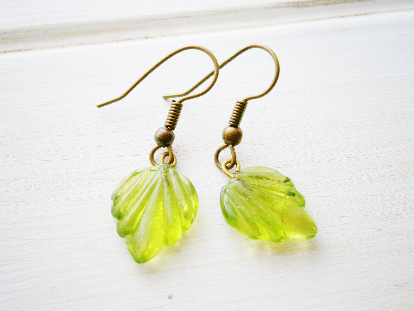 Green Glass Leaf Charm On Antique Bronze Earring Hooks/Dangle Earrings/Boho Jewelry/Woodland Jewellry/Nature Earrings/Leaf Earrings.