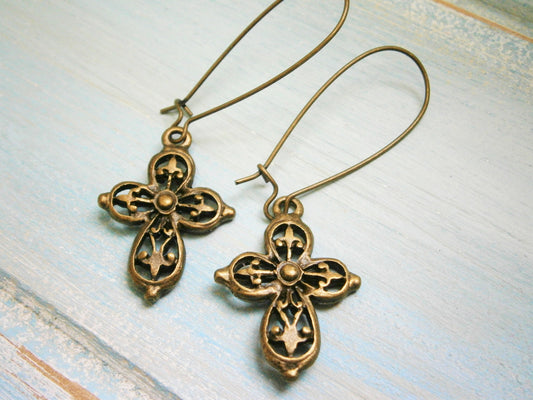 Filigree Cross Dangle Earrings/33mm Antique Bronze Kidney Wire Earring Hooks with Antique Bronze Filigree Cross/Dangle Earring/Boho Earrings