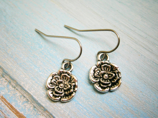 Antique Silver Plated Small Blossom Flower Pendant On Stainless Steel French Earring Hooks/Flower Earrings/Boho Style/Wedding Jewelry