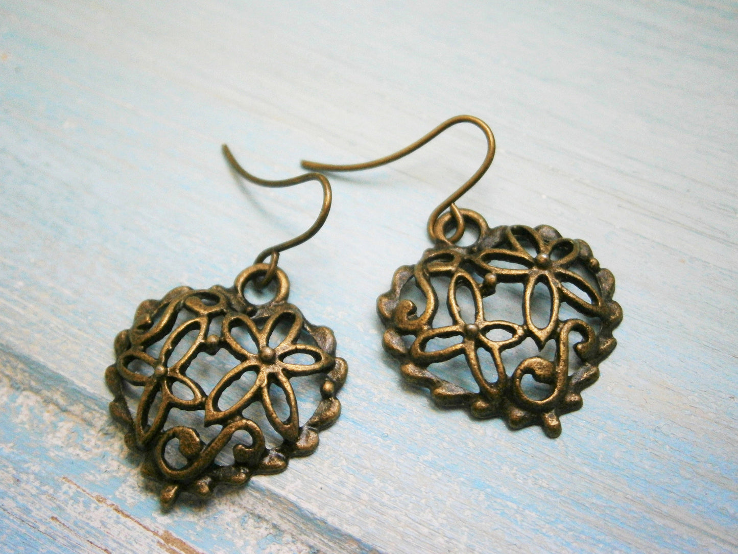 Filigree Heart Antique Bronze Charm On Antique Bronze French Earring Hooks/Dangle Earrings/Boho Earrings/Filigree Heart Earrings/