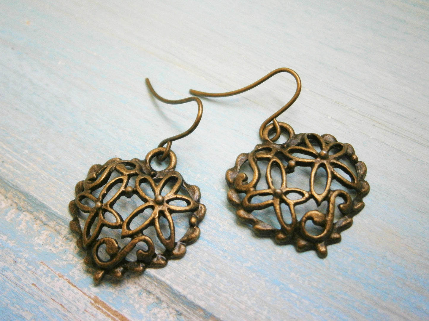 Filigree Heart Antique Bronze Charm On Antique Bronze French Earring Hooks/Dangle Earrings/Boho Earrings/Filigree Heart Earrings/