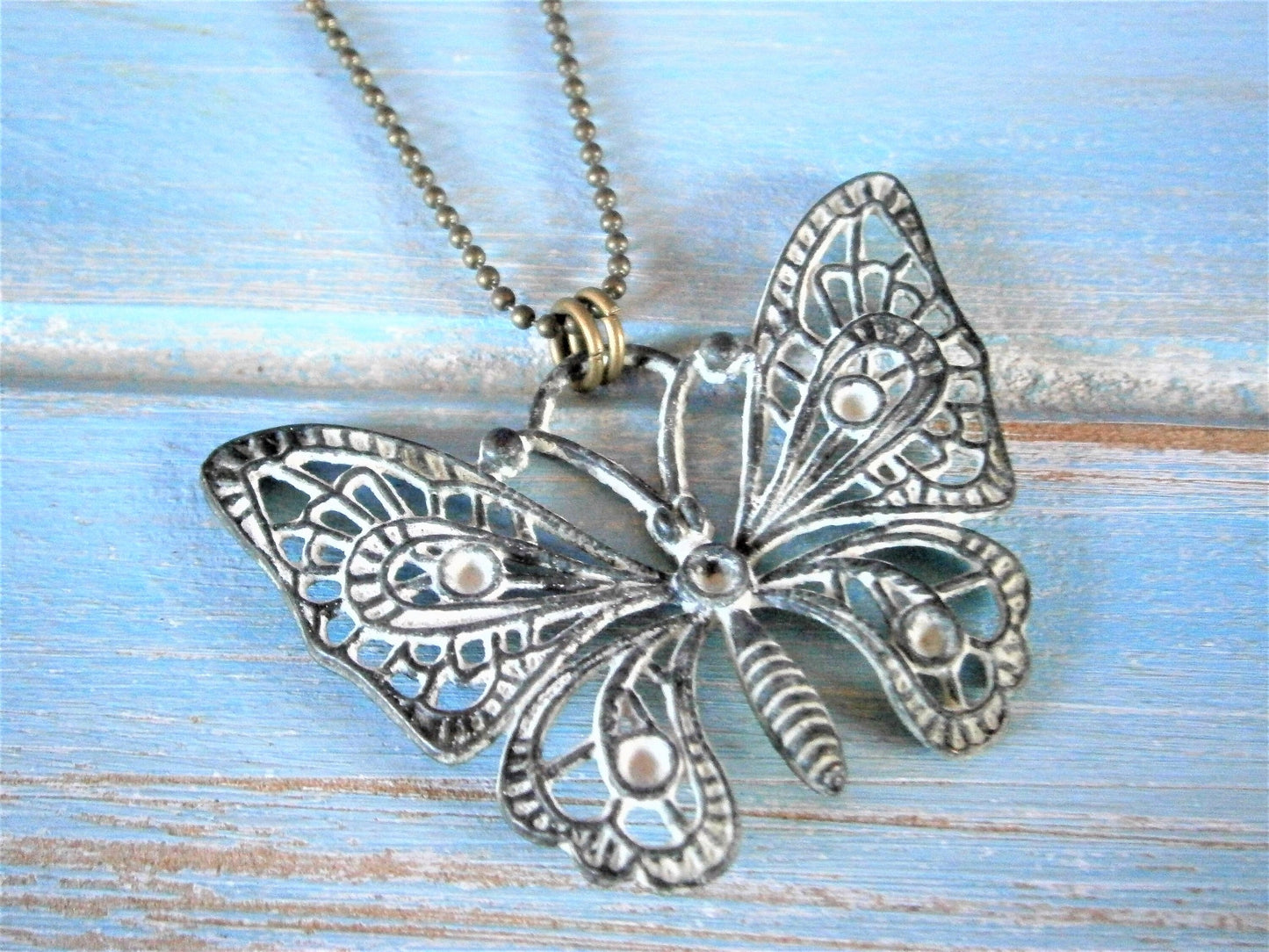 White Patina Filigree Butterfly on Antique Bronze Ball Chain/Boho Necklace/Long Necklace/Layering Necklace/Patina Necklace.