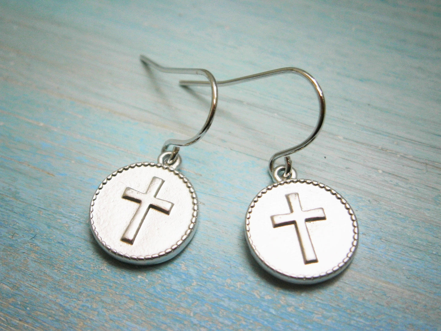 Matt Rhodium Plated Cross Disc Pendant On Rhodium Plated French Earring Hooks/Dangle Earrings/Cross Earrings/Silver Earrings/Disc Earrings