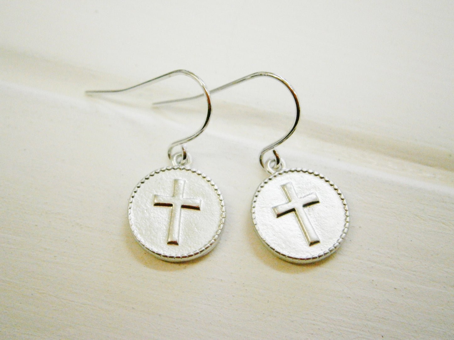 Matt Rhodium Plated Cross Disc Pendant On Rhodium Plated French Earring Hooks/Dangle Earrings/Cross Earrings/Silver Earrings/Disc Earrings