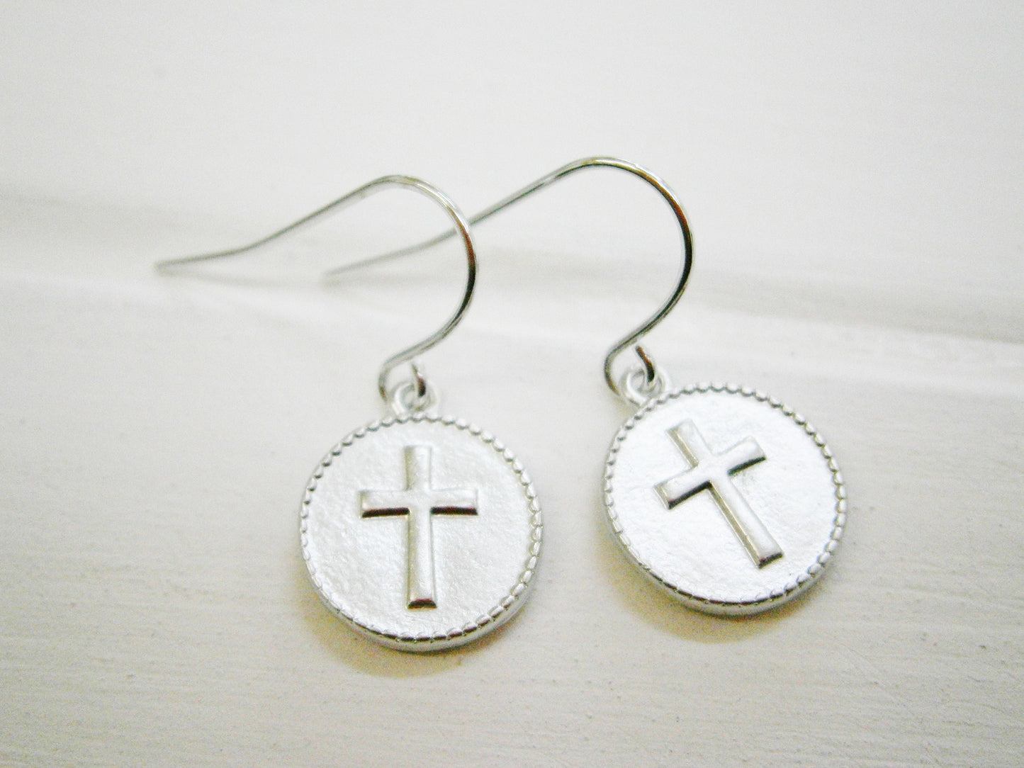 Matt Rhodium Plated Cross Disc Pendant On Rhodium Plated French Earring Hooks/Dangle Earrings/Cross Earrings/Silver Earrings/Disc Earrings