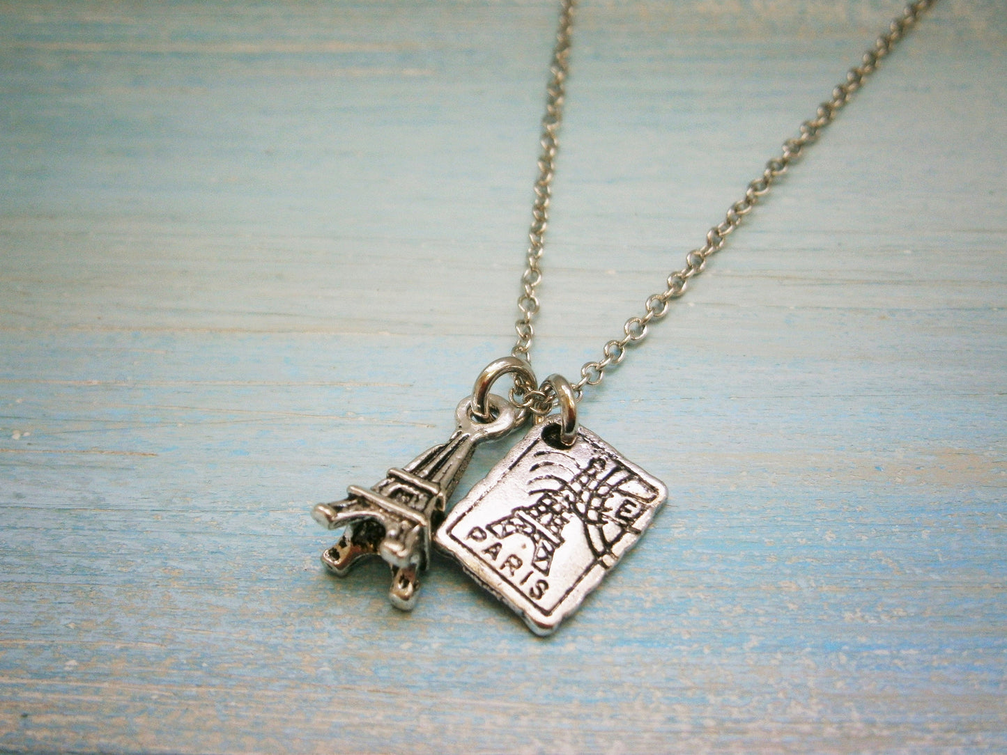 Antique Silver Mini Eiffel Tower & Mini Paris Stamp Charm Necklace/Boho Necklace/Paris Necklace/Dainty Necklace/Eiffel Tower Necklace