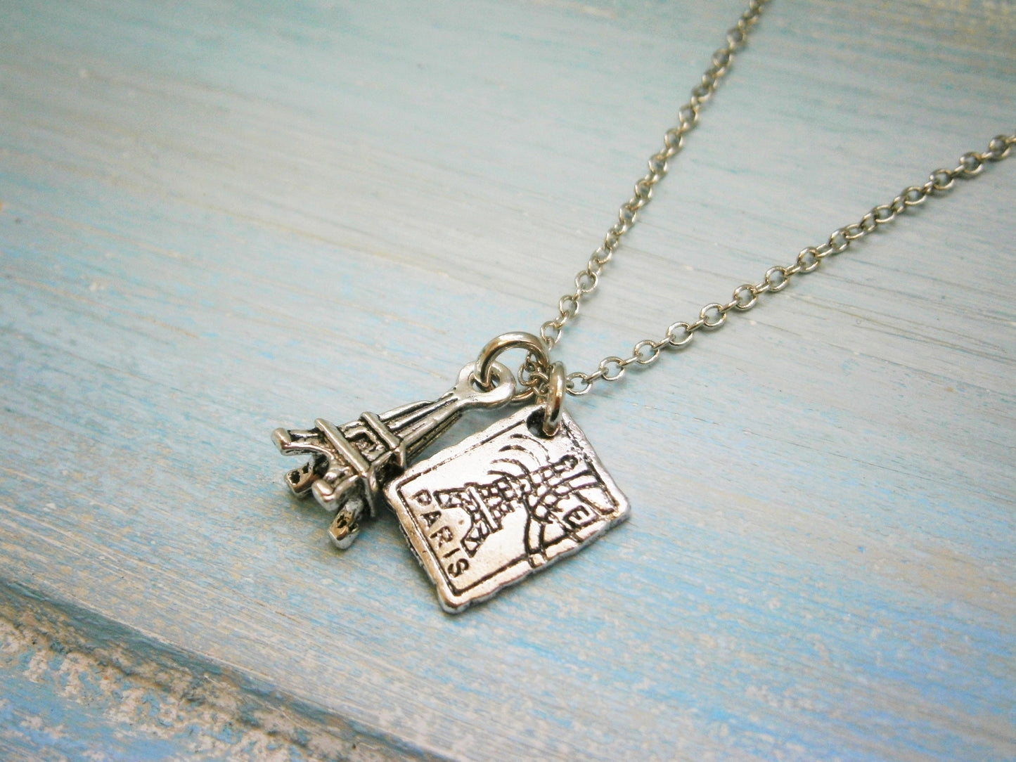 Antique Silver Mini Eiffel Tower & Mini Paris Stamp Charm Necklace/Boho Necklace/Paris Necklace/Dainty Necklace/Eiffel Tower Necklace