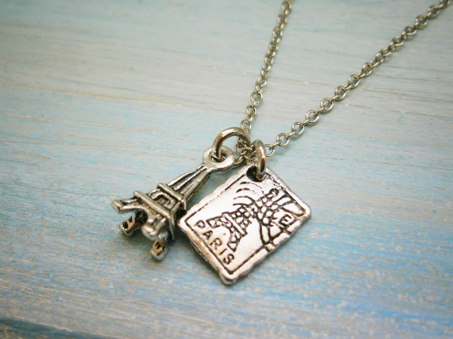 Antique Silver Mini Eiffel Tower & Mini Paris Stamp Charm Necklace/Boho Necklace/Paris Necklace/Dainty Necklace/Eiffel Tower Necklace