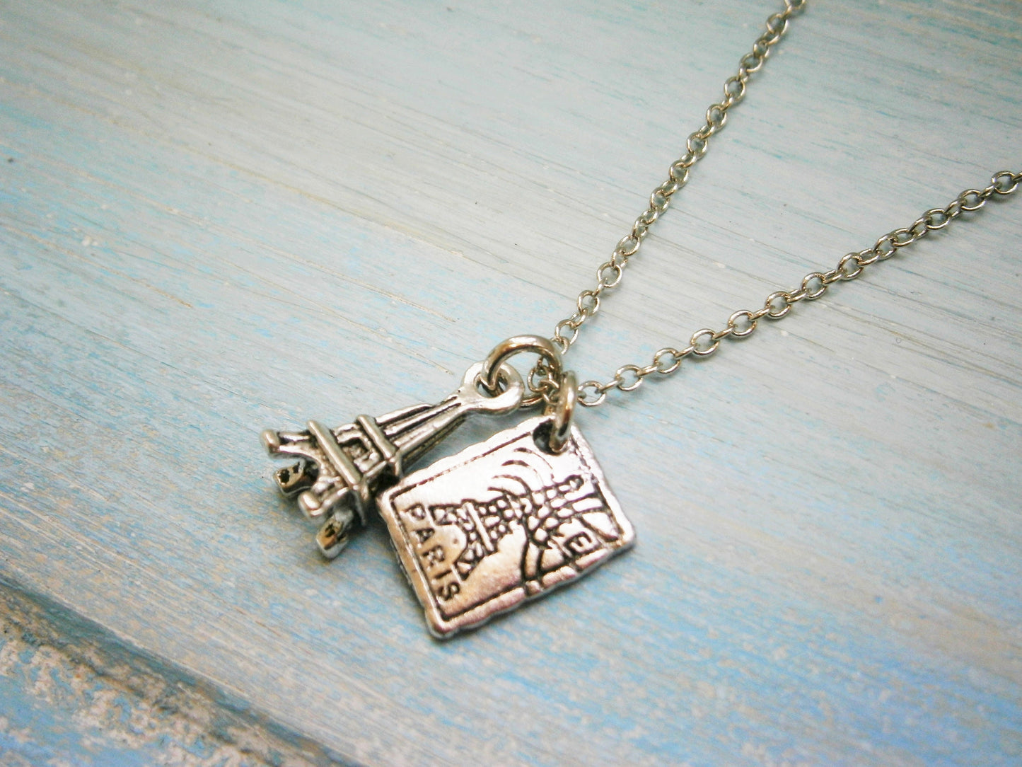 Antique Silver Mini Eiffel Tower & Mini Paris Stamp Charm Necklace/Boho Necklace/Paris Necklace/Dainty Necklace/Eiffel Tower Necklace