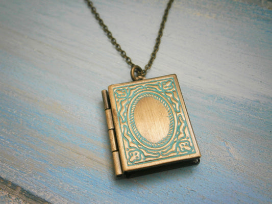 Vintage Style Detailed Antique Bronze Book Locket with Turquoise Patina Detail Necklace/Locket Necklace/Bridal Necklace/Book Locket Necklace