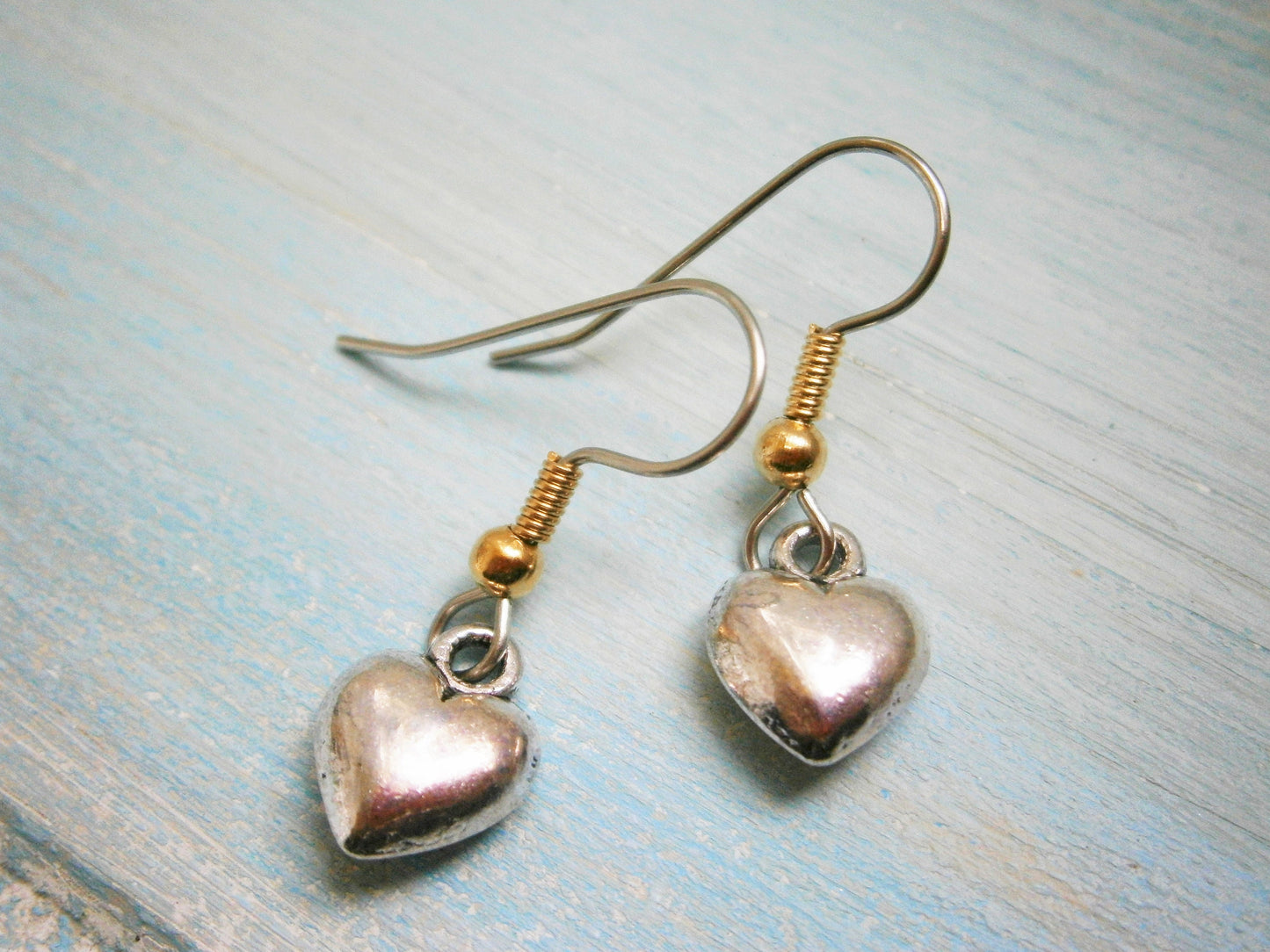 Antique Silver Solid 3D Heart Charm On Stainless Steel French Earring Hooks/Heart Earrings/Romance Earrings/Steampunk Jewerly/Boho Earrings