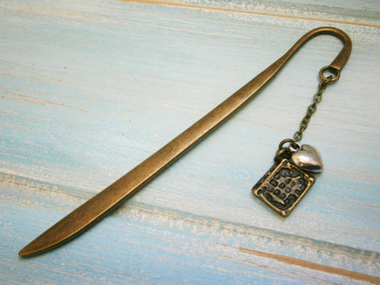 Bookmark with a Antique Bronze Book and Antique Silver Heart/Book Lover Bookmark/On To The Next Chapter Bookmark/Bookmarks for Books